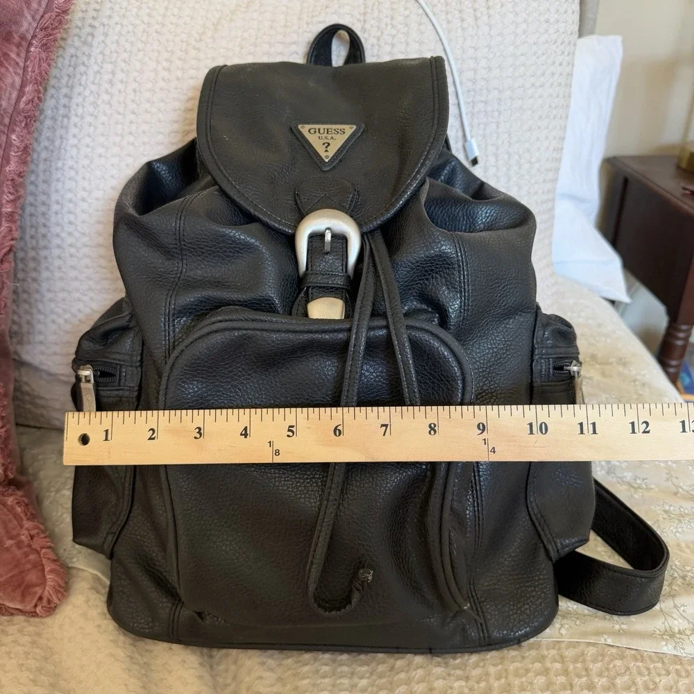 Guess 90s Drawstring Backpack Black Leather Bag Silver Buckle Grunge Retro VTG